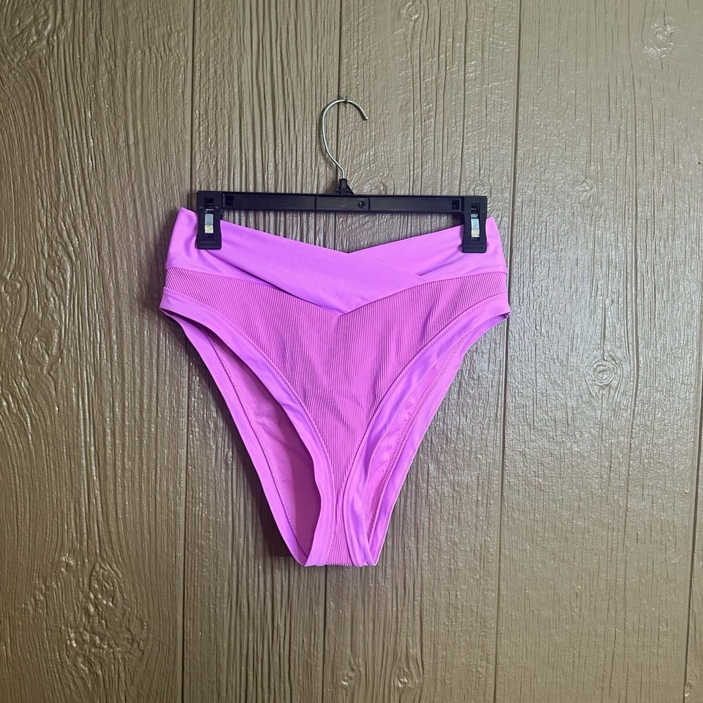 NWT Aerie High Waisted Crossover Ribbed Bikini Bottoms Sz L Purple Cheeky Beach